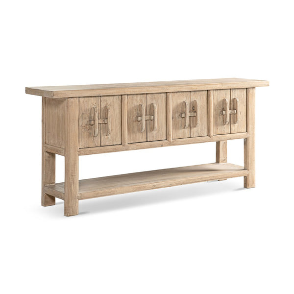 English Elm Rowan Reclaimed Pine Sideboard with Hand-carved Pulls and Open Display Shelf B2719P474454
