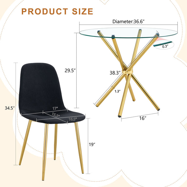 English Elm 4-Piece Modern Luxe Dining Set: 36.6'' Round Glass Table & Black-Gold Chairs For Stylish Spaces W1151S03682