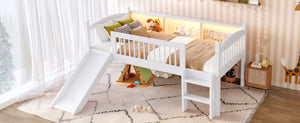 English Elm Twin Low Loft Bed Solid Pine Frame with Built-in Led Lighting and Storage Shelves Light White W1580P395928