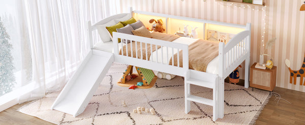 English Elm Twin Low Loft Bed Solid Pine Frame with Built-in Led Lighting and Storage Shelves Light White W1580P395928