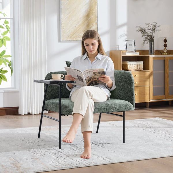 English Elm Leisure Linen Accent Chair with Built-in Side Table Pockets and Lumbar Pillow Modern Emerald W395P453314