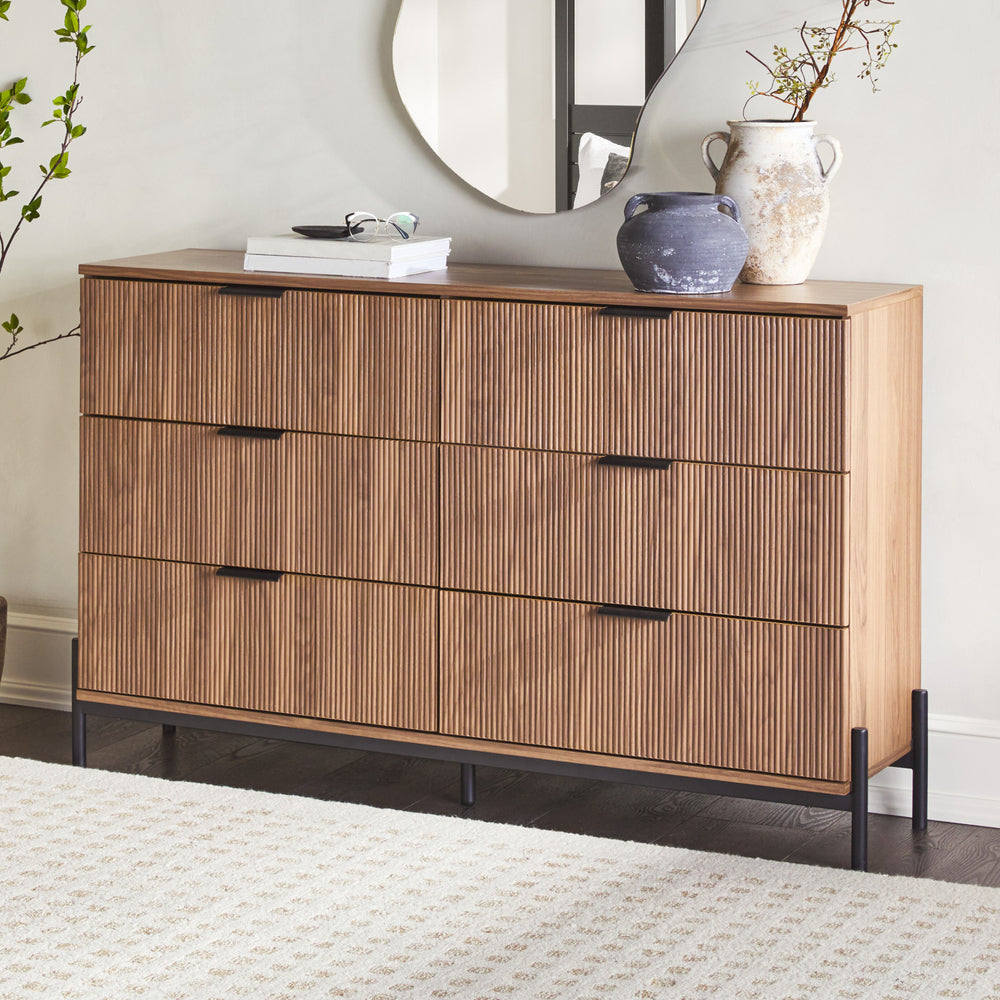 6 Drawer Dresser with Reeded Drawer Fronts - Coastal Oak PRSB5BCO Walker Edison