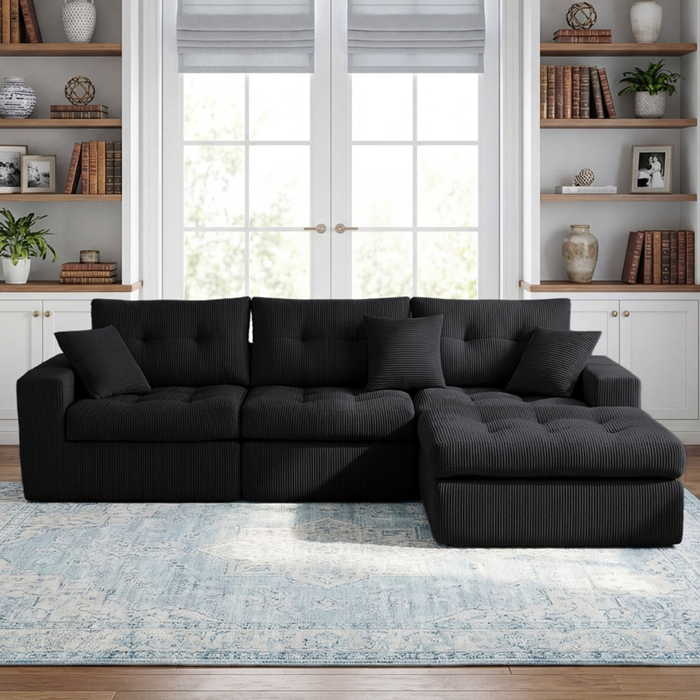 English Elm Corduroy L-shaped Sectional Sleeper Sofa No Assembly Needed for Apartments Black W5532S00028