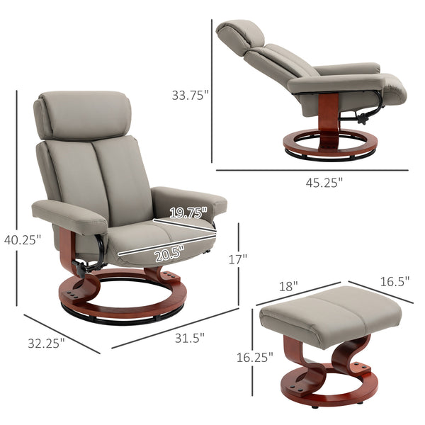 English Elm HOMCOM Modern Recliner Chair with Ottoman — 360° Swivel PU Leather, Bentwood Base, Adjustable Headrest W2225P229559