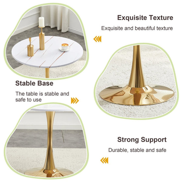 English Elm Round Faux Marble Tulip Pedestal Dining Table Mid Century Modern for Small Bistro Spaces Gold+White W2920P400992