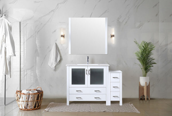 English Elm White Single Bath Vanity Set With Side Cabinet, Ceramic Top, Chrome Faucet & 34" Mirror For Elegance B2731S01366-GIGA