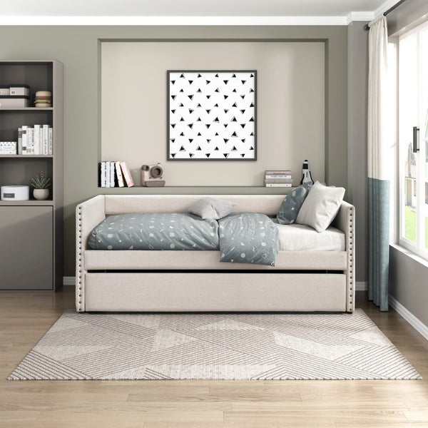 English Elm Modern Upholstered Daybed with Pull Out Trundle Nailhead Trim and Side Storage Pockets Beige B011P419489