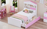 English Elm Twin Size House-Shaped Wooden Bed With Storage Shelf On The Headboard, Built-In Two Storage Drawers, Pink