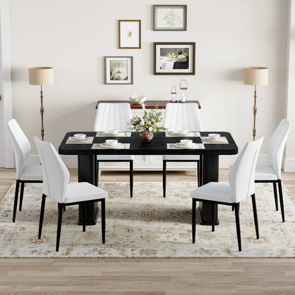 English Elm Table And Chair Set - 64.5" Stylish Black Wood Dining Table With 6 Ergonomic Black & White Chairs W1151S04307-GIGA