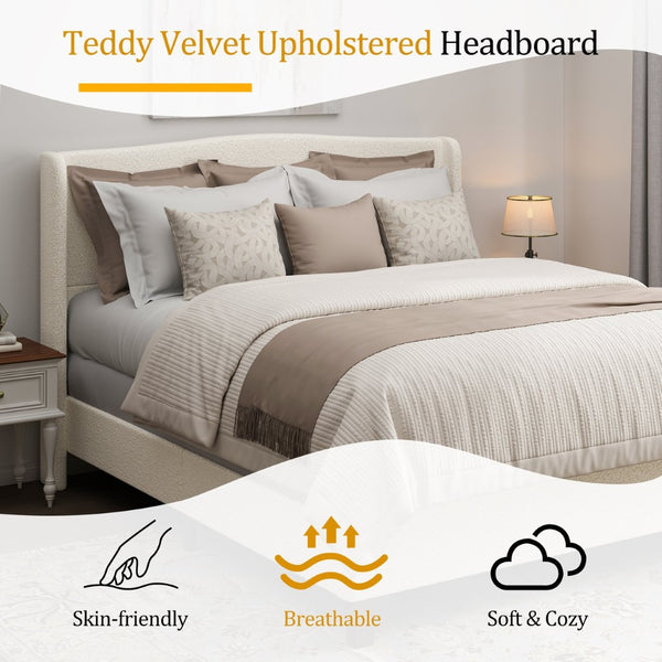 English Elm King Teddy Velvet Platform Bed Tall Upholstered Headboard Solid Wood Legs Modern W1716P335672