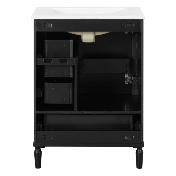 English Elm 24" Olive Bathroom Vanity Solid Wood Frame Ceramic Sink Gold Hardware Soft Close Black N729P373272B