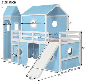 English Elm Twin Castle Loft Bed with Slide Tent and Tower Pinewood Playhouse Frame for Kids N708P249475C