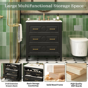 English Elm 30'' Bathroom Vanity with Ceramic Sink, Solid Wood Frame Retro Style Vanity with 3 Drawers & Gold Handles Black N710P246209B