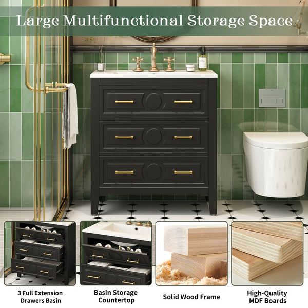 English Elm 30'' Bathroom Vanity with Ceramic Sink, Solid Wood Frame Retro Style Vanity with 3 Drawers & Gold Handles Black N710P246209B