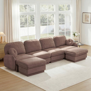 English Elm 137" Oversized U-shaped Chenille Sectional with Ottoman Quilted Cushions for Spacious Living Rose Dust W714S01782