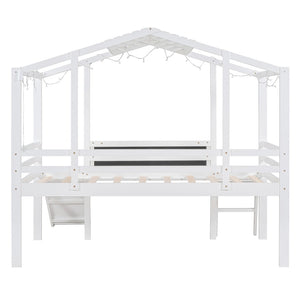 English Elm Twin House Loft Bed with Slide Chalkboard Panel and Led Roofline for Kids White WF324323AAK