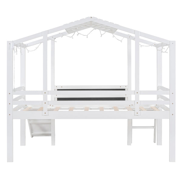 English Elm Twin House Loft Bed with Slide Chalkboard Panel and Led Roofline for Kids White WF324323AAK