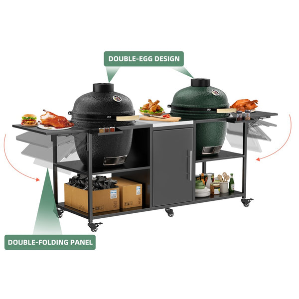 English Elm Outdoor Dual Kamado Grill Cart with Stainless Steel Top Iron Frame and Storage Cabinet W3190P328545