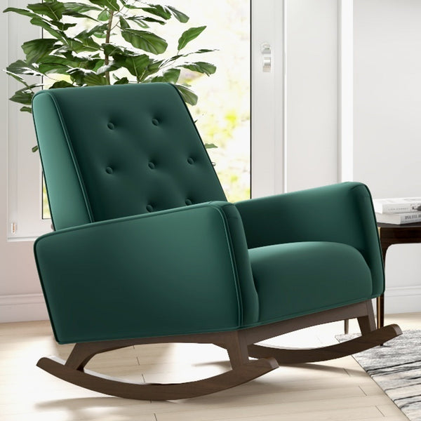 English Elm Ashcroft Furniture - Demetrius Mid-Century Solid Wood Rocking Chair with Velvet Microfiber Upholstery and Plush Foam Cushion Green B183P201820
