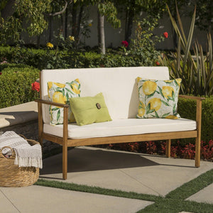 English Elm Beige Outdoor Loveseat Solid Acacia Wood Slatted Back Cushioned Patio Seating N770P356880C