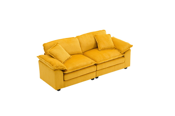 English Elm Corduroy Plush 2-Seat Sofa with 2 Back Cushions, Toss Pillows & Ottomans — Deep Seat Comfort Yellow W2363S00063