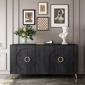 English Elm Modern Lacquered 4 Door Wooden Cabinet Sideboard Buffet Server with Two-Tier Storage and Sleek Countertop Distressed Black W1435P191611