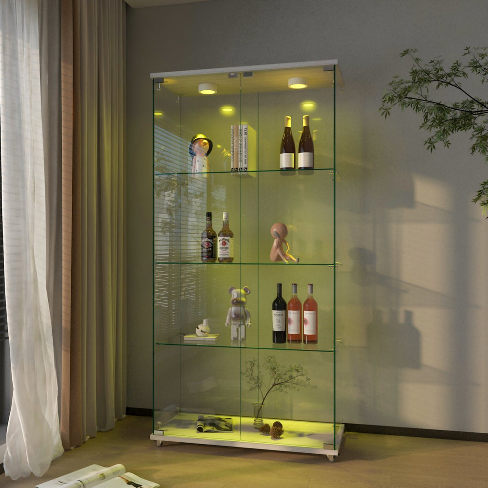 English Elm Modern Glass Display Cabinet With Led Lights - Elegant 2-Door Showcase For Living Rooms & Bedrooms W241S00056