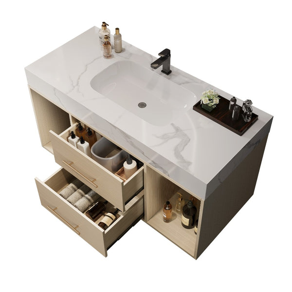 English Elm 39.4 Inch Floating Bathroom Vanity Sintered Stone Top Solid Wood 2 Soft Close Drawers W3136S00030