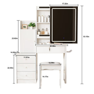 English Elm Vanity Desk with Lighted Sliding Mirror Hidden Storage and Cushioned Stool White Bedroom W2700P369513