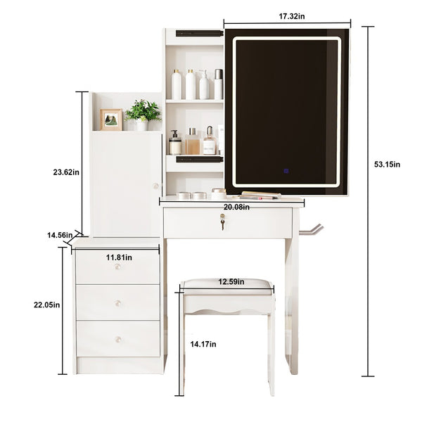 English Elm Vanity Desk with Lighted Sliding Mirror Hidden Storage and Cushioned Stool White Bedroom W2700P369513
