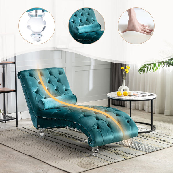 English Elm Velvet Curved Chaise Lounge Sofa with Button-Tufted Back, Thick Foam Comfort and Acrylic Legs for Living Room Relaxation Teal W39538678