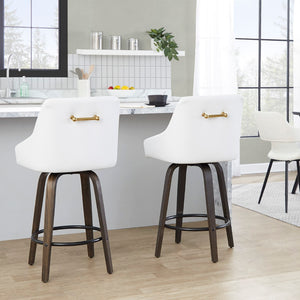 English Elm 26" Swivel Counter Stools Walnut Bentwood Gold Accents White Faux Leather Set of 2 B202S01835