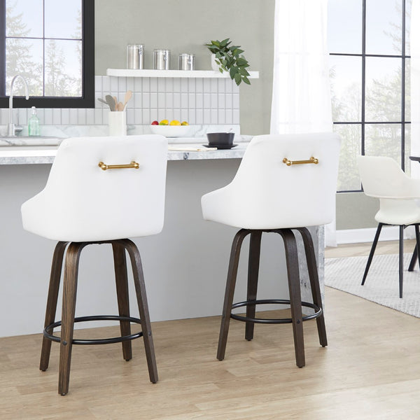 English Elm 26" Swivel Counter Stools Walnut Bentwood Gold Accents White Faux Leather Set of 2 B202S01835