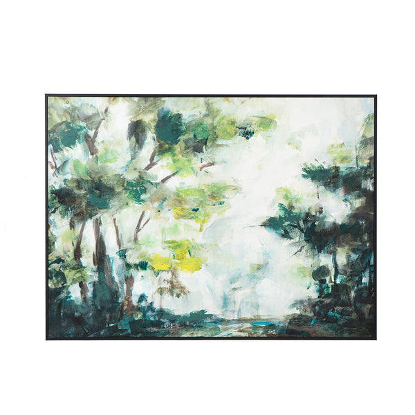 English Elm 47.2 Forest Landscape Watercolor Wall Art in Greens & Blues, Black Frame, Serene Foyer Accent Piece W2078P318299
