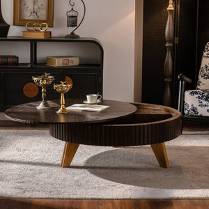 English Elm 39.37" Round Retro Coffee Table with Storage Mdf Top Solid Wood Legs Living Room W757P379484