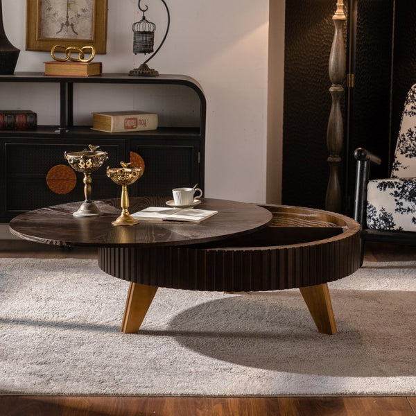 English Elm 39.37" Round Retro Coffee Table with Storage Mdf Top Solid Wood Legs Living Room W757P379484