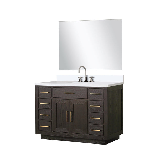 English Elm Brown Oak Single Bath Vanity Set With White Quartz Top, Chrome Faucet & 46" Frameless Mirror B2731S01959