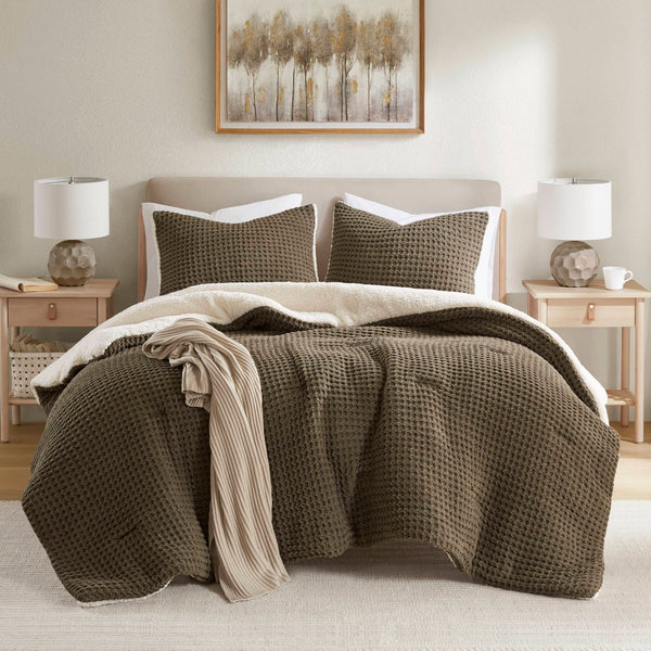English Elm Waffle Soft Chenille Comforter Set Twin with Ivory Sherpa Reverse, Hypoallergenic Down-Alternative Fill Brown 21.26 L x 21.26 W x 12.99 H B035P294135