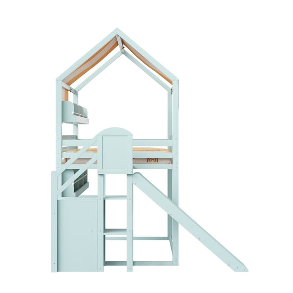 English Elm Full Size Wood Loft Bed with Canopy Slide and Built in Bookshelves for Kids Light Green N7090005021F