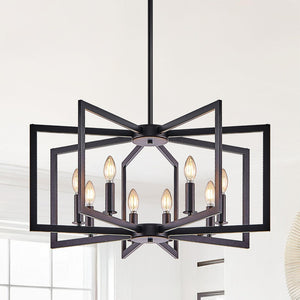 English Elm 27" Eight Light Matte Black Iron Geometric Chandelier for Dining and Living Spaces W1340P279980