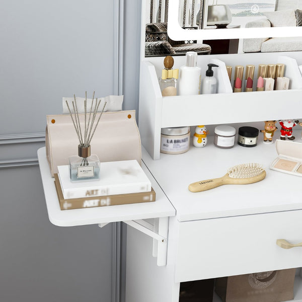 English Elm Vanity Desk with Led Mirror Touch Light Power Outlet Drawers and Storage Stool W2700P342538