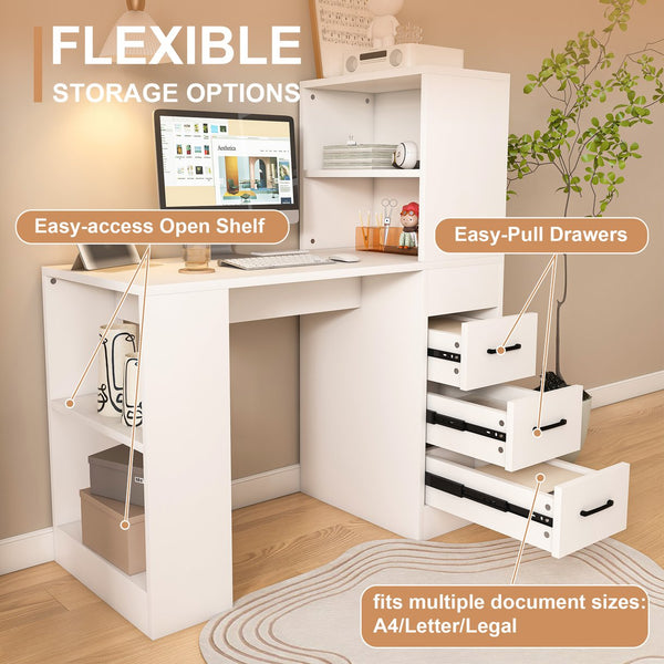 English Elm White Computer Desk with 4-in-1 Socket, 3 Slide Drawers & 4 Shelves — Durable 15mm Board, Ergonomic Workspace W2700P268307