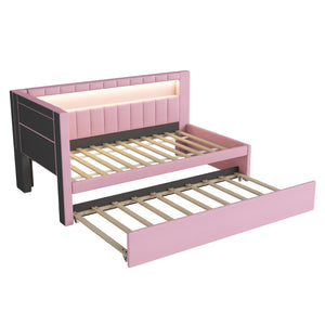 English Elm Upholstered Twin Platform Bed with Trundle, Linen Backrest, Built-In USB Ports & LED Accent Lighting Pink DL001919AAH