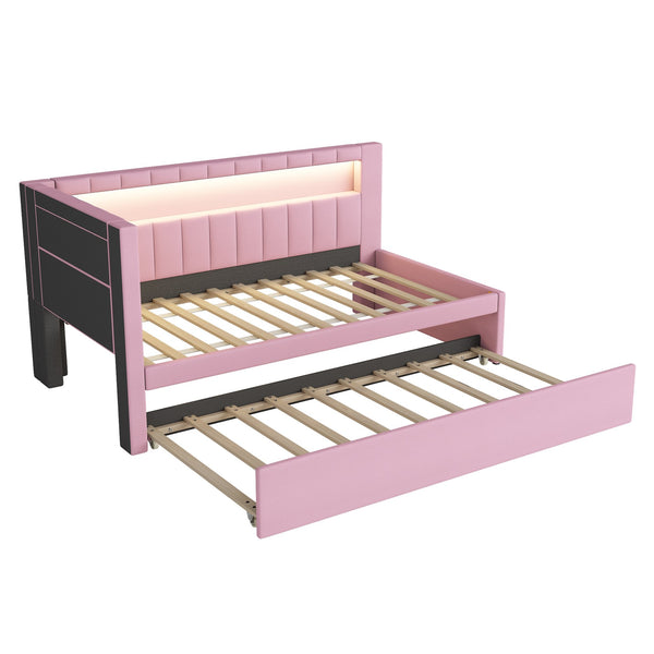 English Elm Upholstered Twin Platform Bed with Trundle, Linen Backrest, Built-In USB Ports & LED Accent Lighting Pink DL001919AAH