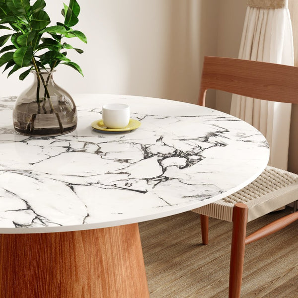 English Elm Small Round Pedestal Dining Table For 2-4 People - Elegant White & Black Design, Durable Stone Top T3833S00038-GIGA