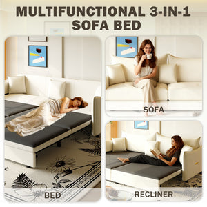 English Elm 81.9" 3-in-1 Convertible Sleeper Sofa Bed with Velvet Upholstery, 3 Pillows & Golden Trim Accent Beige+White W1885S00252