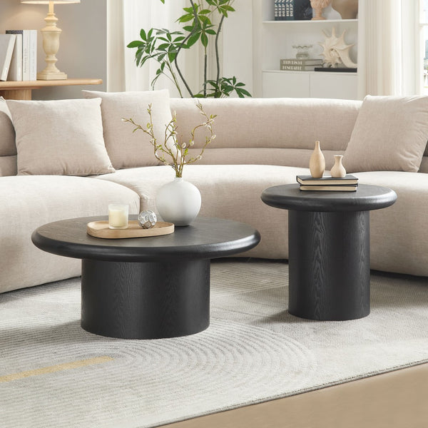 English Elm 2-piece Nesting Round Coffee Table Set Wood Veneer Sculptural Living Room Accent Black W2582S00185