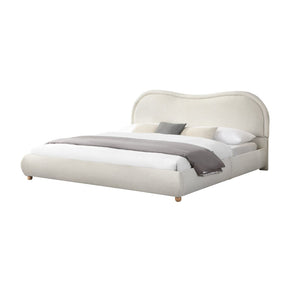 English Elm Queen Chenille Upholstered Bed Curved Headboard Oak Legs Wooden Slat Platform Frame W1716P387791