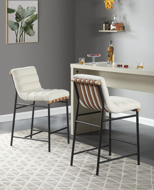 English Elm Liana Boucle Upholstered Counter Stool with Cognac Leather Accents and Iron Legs White B2749P413187