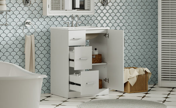 English Elm 24" Modern Bathroom Vanity with Under-Mount Sink, Vertical Stripe Design, 2 Drawers & Soft-Close Cabinet White N710P288936K